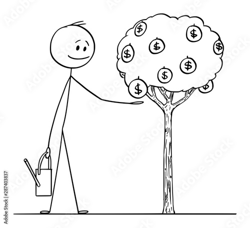 Vector cartoon stick figure drawing conceptual illustration of man or businessman watering small tree with money fruit with dollar symbol.