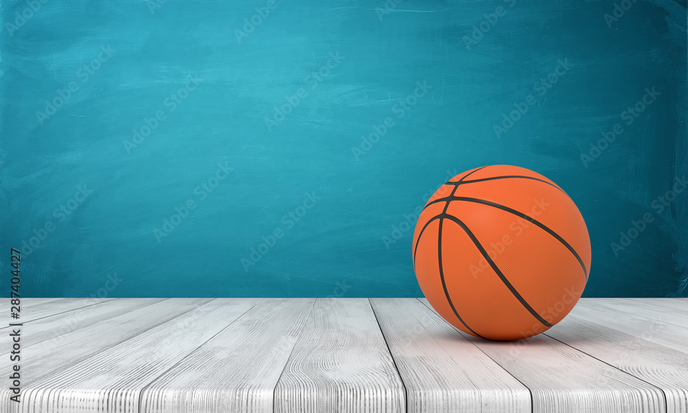 3d rendering of a basketball on wooden surface near blue wall.