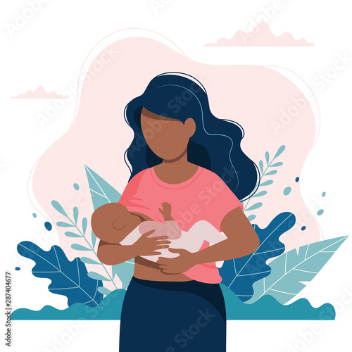 Black woman breastfeeding a baby with nature and leaves background. Concept vector illustration in flat style.