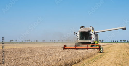 combine harvester during barley harvest in the countryside of north groningen in the netherlands