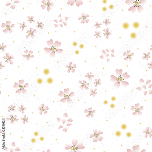Hand drawn cherry blossom seamless pattern. Japanese spring style tossed botanical ditsy background. Soft pink neutral tones. All over print for asian home decor, fashion. Vector swatch repeat.
