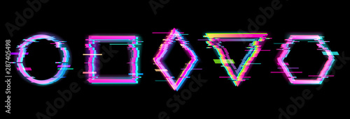 Colorful glitch geometric shapes, frames set with neon effect