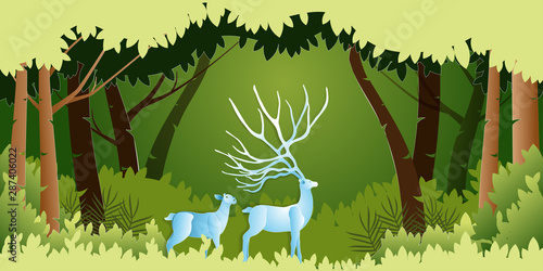 Paper art of green forest and deers wildlife, ECO friendly and environment conservation concept, Flat and digital craft style vector illustration.