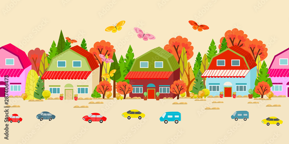 cheerful seamless border with autumn cute town for your design