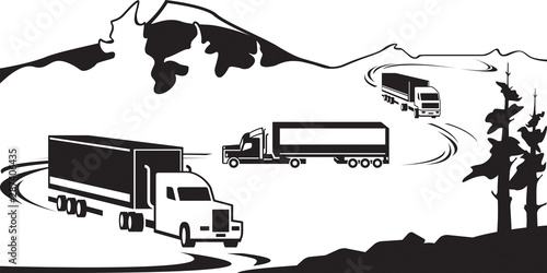 Trucks with goods cross the mountain in winter - vector illustration