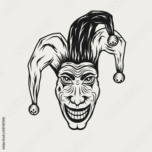 Angry laughing Joker vintage engraved. Vector illustration