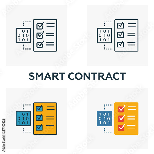 Smart Contract icon set. Four elements in diferent styles from crypto currency icons collection. Creative smart contract icons filled, outline, colored and flat symbols