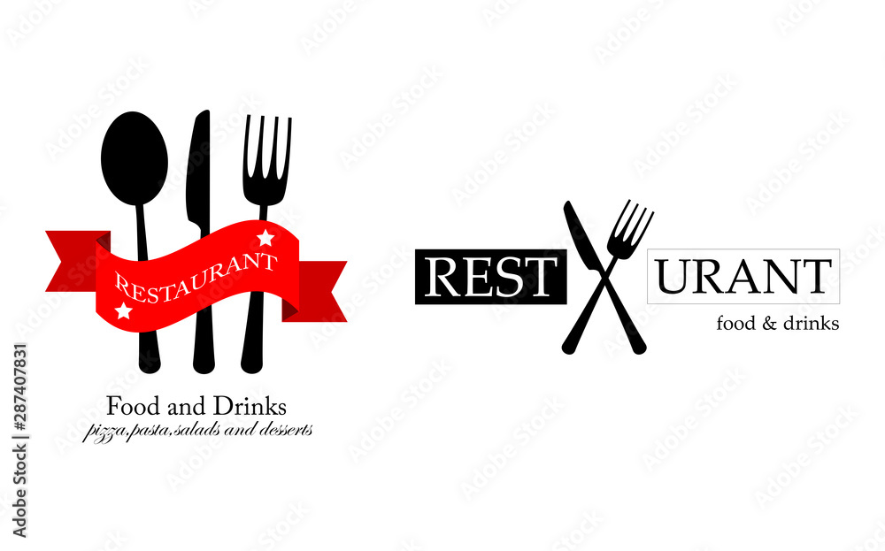 Food And Restaurant Logo Set - Isolated On White Background. Vector Illustration For Cook, Chef, Kitchen, Bar, Hat, Fork And Knife Logo. Restaurant And Food Logo For Bistro, Cook Elements And Labels Food And Restaurant Logo Set - Isolated On White Background. Vector Illustration For Cook, Chef, Kitchen, Bar, Hat, Fork And Knife Logo. Restaurant And Food Logo For Bistro, Cook Elements And Labels