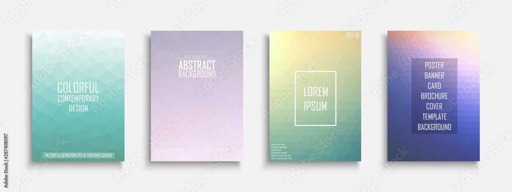 Collection of vector bright abstract polygonal contemporary templates, covers, posters, placards, brochures, banners, flyers, backgrounds.