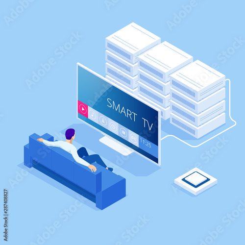 Isometric concept of Smart TV interface. A smartphone is a remote for a smart TV. Interface for Smartphone app. Digital multimedia entertainment and media television broadcasting internet