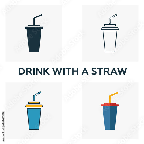 Drink With A Straw icon set. Four elements in diferent styles from fastfood icons collection. Creative drink with a straw icons filled, outline, colored and flat symbols