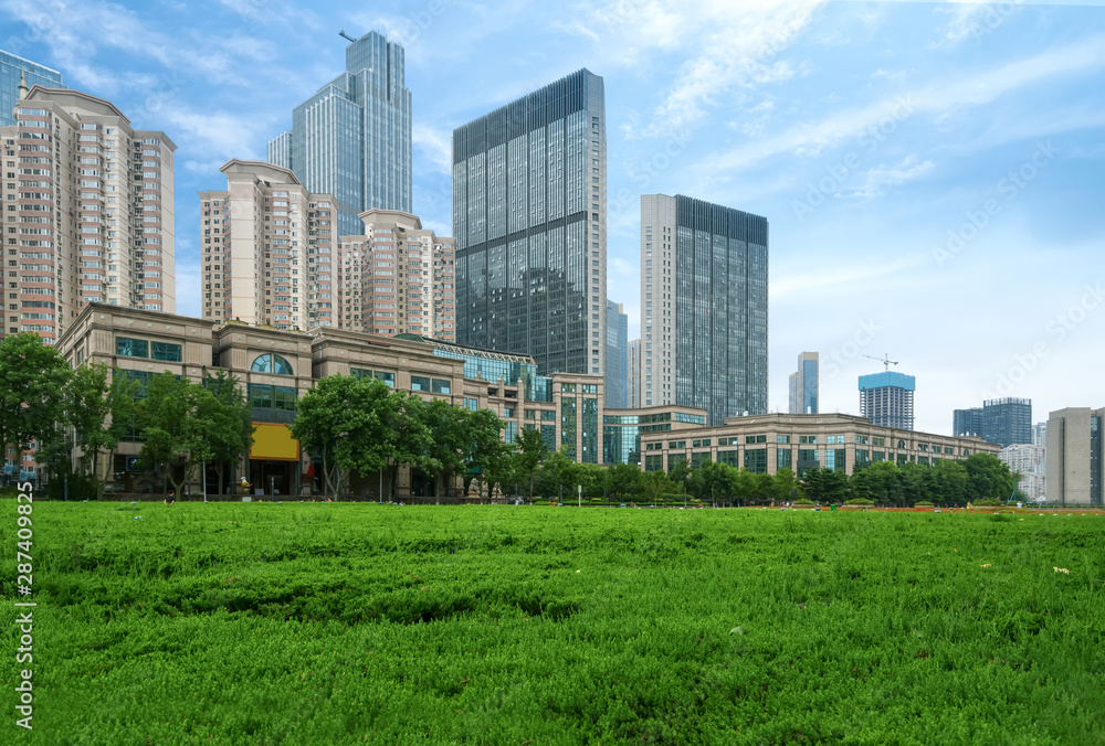 Fototapeta premium Park Lawn and Modern Urban Architecture in Qingdao, China