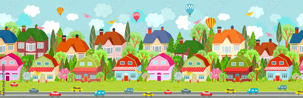 Naklejka premium cheerful seamless border with cute town for your design