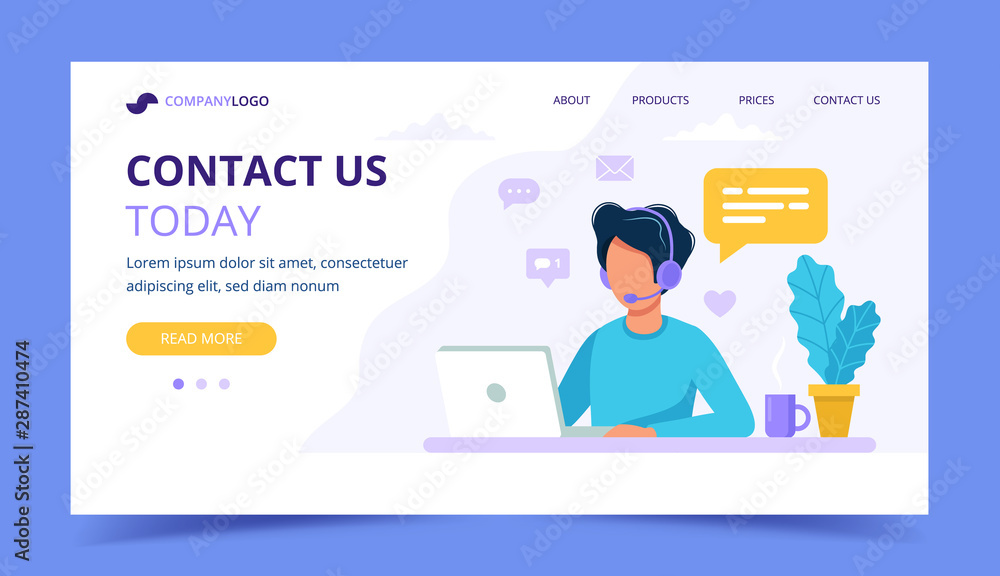 Contact us landing page. Man with headphones and microphone with computer. Concept illustration for support, assistance, call center. Vector illustration in flat style