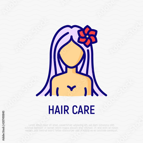 Hair care thin line icon: girl with long hair and flower. Logo for beauty salon. Modern vector illustration.