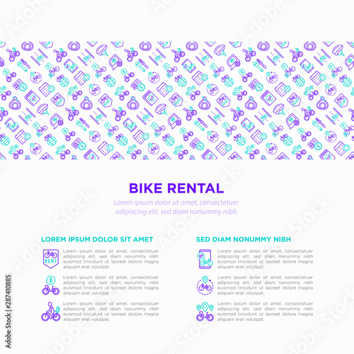 Bike rental concept with thin line icons: rates, bicycle tours, pet trailer, padlock, helmet, child seat, sharing, pointer, deposit, mobile app, cycling route. Vector illustration for sport issues.