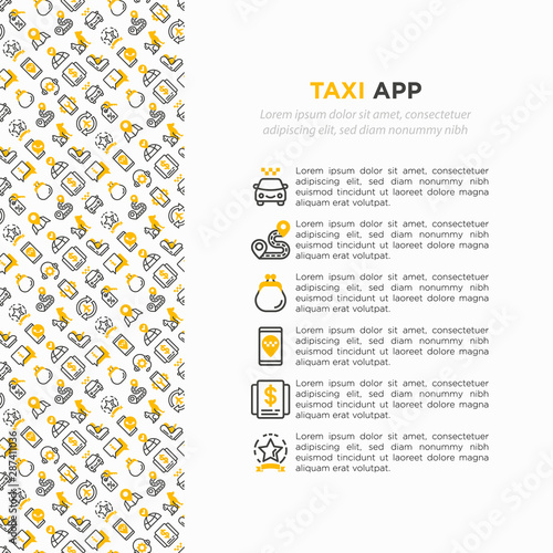 Taxi app concept with thin line icons: payment method, promocode, app settings, info, support service, phone number, route, destination, airport transfer, baby seat. Vector illustration.