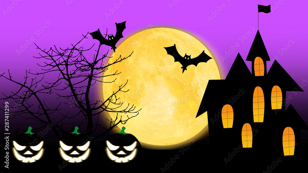 Happy Halloween colourful theme background, with scary trees and hovering bats on moon sky. Design illustration