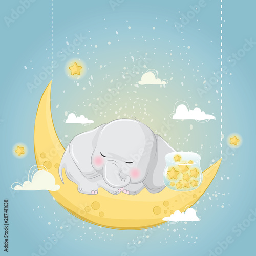 Obraz na płótnie Cute Elephant Sleeping on the Moon