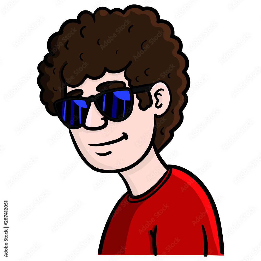 comic vector illustration of a cool teenage boy with blue sunglasses who looks cool to the side. red t-shirt, brown curls hair. comic vector illustration of a cool teenage boy with blue sunglasses who looks cool to the side. red t-shirt, brown curls hair.