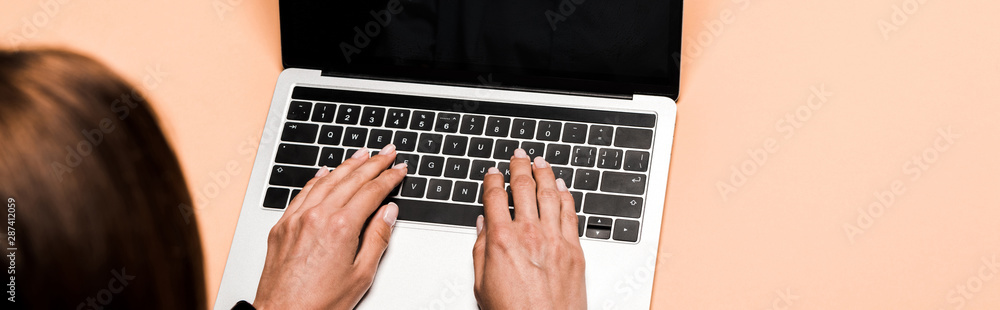 panoramic shot of woman typing on laptop on pink panoramic shot of woman typing on laptop on pink