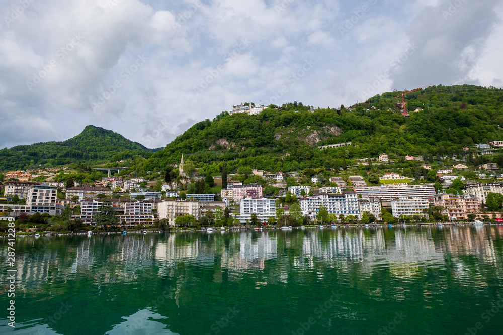 Montreux cityscape, view from ship in Geneva lake