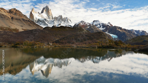 Mountains reflection in lake. Fitz Roy peak. Argentina, Patagonia.