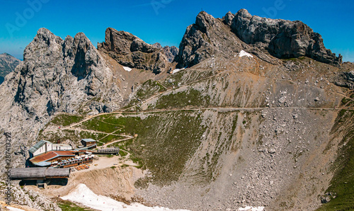 Beautiful alpine view with the telescope-shaped building at the famous Karwendel summit near Mittenwald, Bavaria, Germany photo