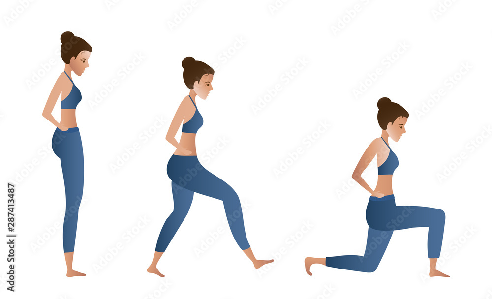Fitness girl doing lunges vector. Woman exercising illustration on white background. Fitness girl doing lunges vector. Woman exercising illustration on white background.