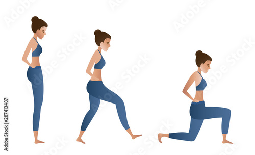 Fitness girl doing lunges vector. Woman exercising illustration on white background.