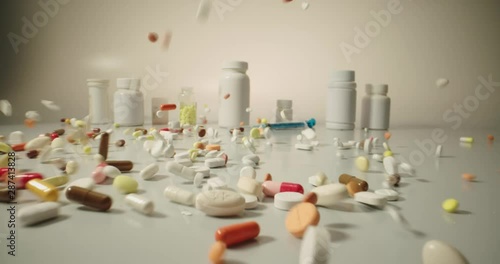 Closeup shot of different pills falling on table with tablets cans and syringes - mosern drug and pharmacy addiction, pharmaceutical industry concept 4k footage photo