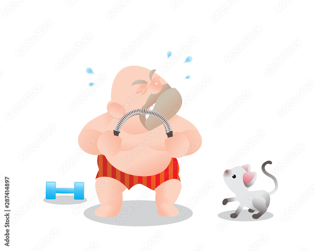 Funny vector illustration of fat bald man doing excercising with Power Twister Bar. Concept of Strong healthy fat man. cartoon Funny vector illustration of fat bald man doing excercising with Power Twister Bar. Concept of Strong healthy fat man. cartoon