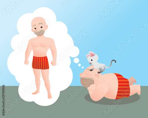 Fat single old man day dreaming about  being good health. Concept of midlife crisis or enemployed. vector illustration isolated cartoon