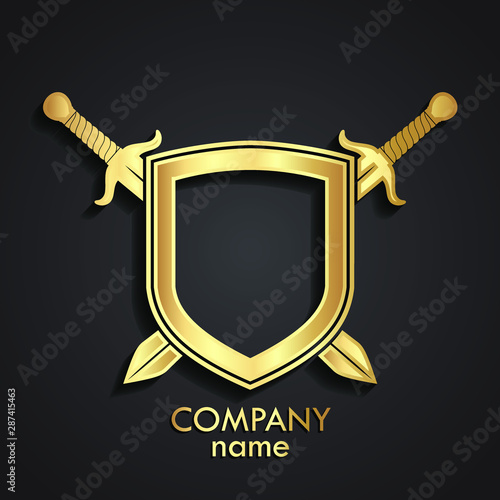 3d crossed gold swords with shield golden logo