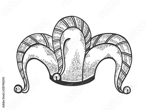 Jester hat sketch engraving vector illustration. Tee shirt apparel print design. Scratch board style imitation. Black and white hand drawn image.