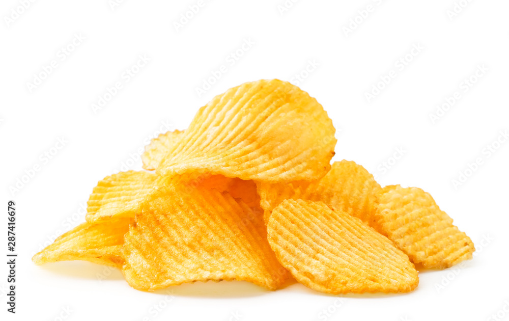 Pile of potato chips fluted close-up on a white background. Isolated. Pile of potato chips fluted close-up on a white background. Isolated.