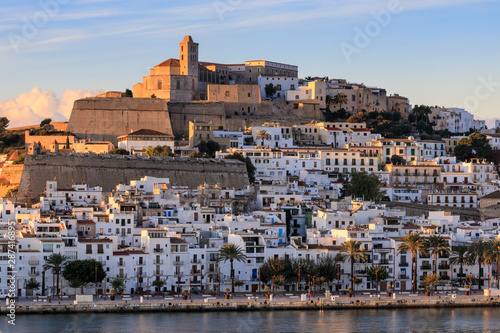 Waterfront and fortified historic old town, Dalt Vila, cathedral, at sunrise, Ibiza Town, Eivissa, Balearic Islands, Spain, Mediterranean photo