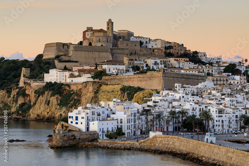Ramparts, walls, cathedral, Dalt Vila, at sunrise, Ibiza Town, Eivissa, Balearic Islands, Spain, Mediterranean photo