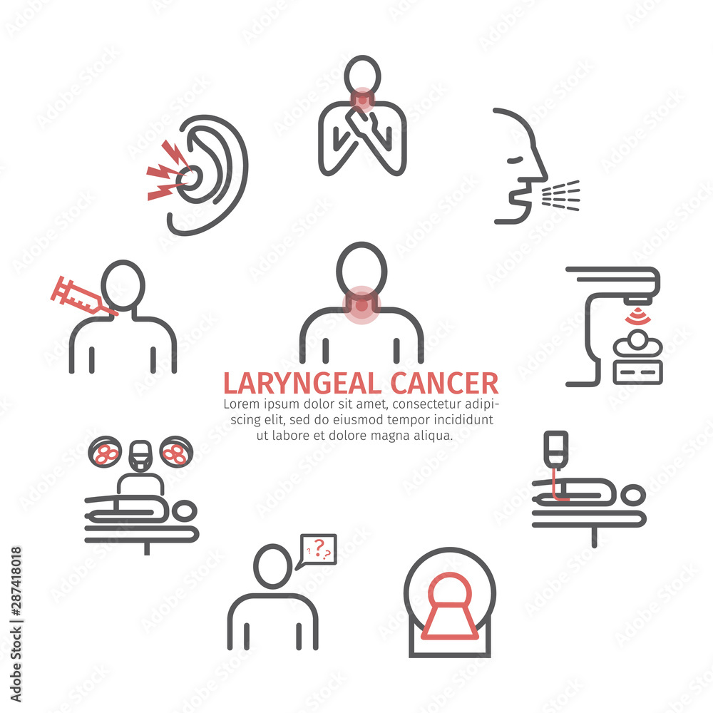Fototapeta premium Laryngeal cancer banner. Symptoms, Causes, Treatment. Line icons set. Vector signs for web graphics.