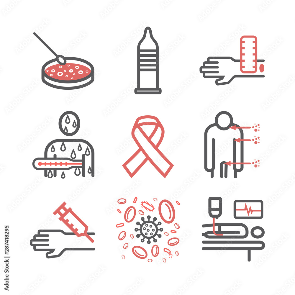 HIV AIDS Symptoms, Treatment. Line icons set. Vector illustration Stock ...