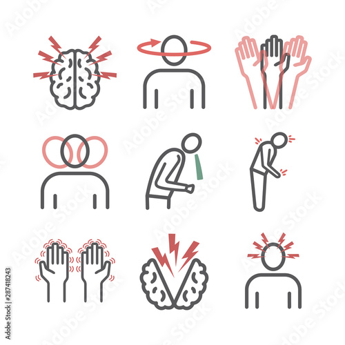 Concussion. Symptoms, Treatment. Line icons set. Vector signs for web graphics.