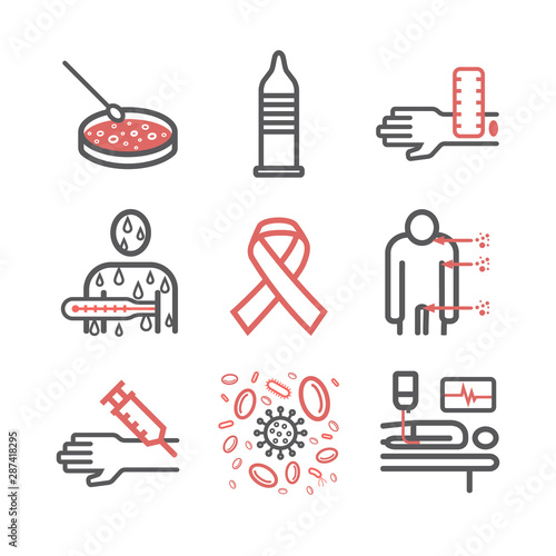 HIV AIDS Symptoms, Treatment. Line icons set. Vector illustration