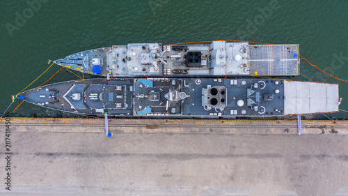 Military navy ship in the port, Aerial view warship. photo