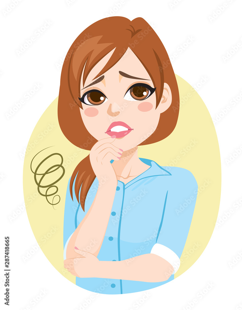 Young businesswoman thinking with hand on chin worried face expression Young businesswoman thinking with hand on chin worried face expression