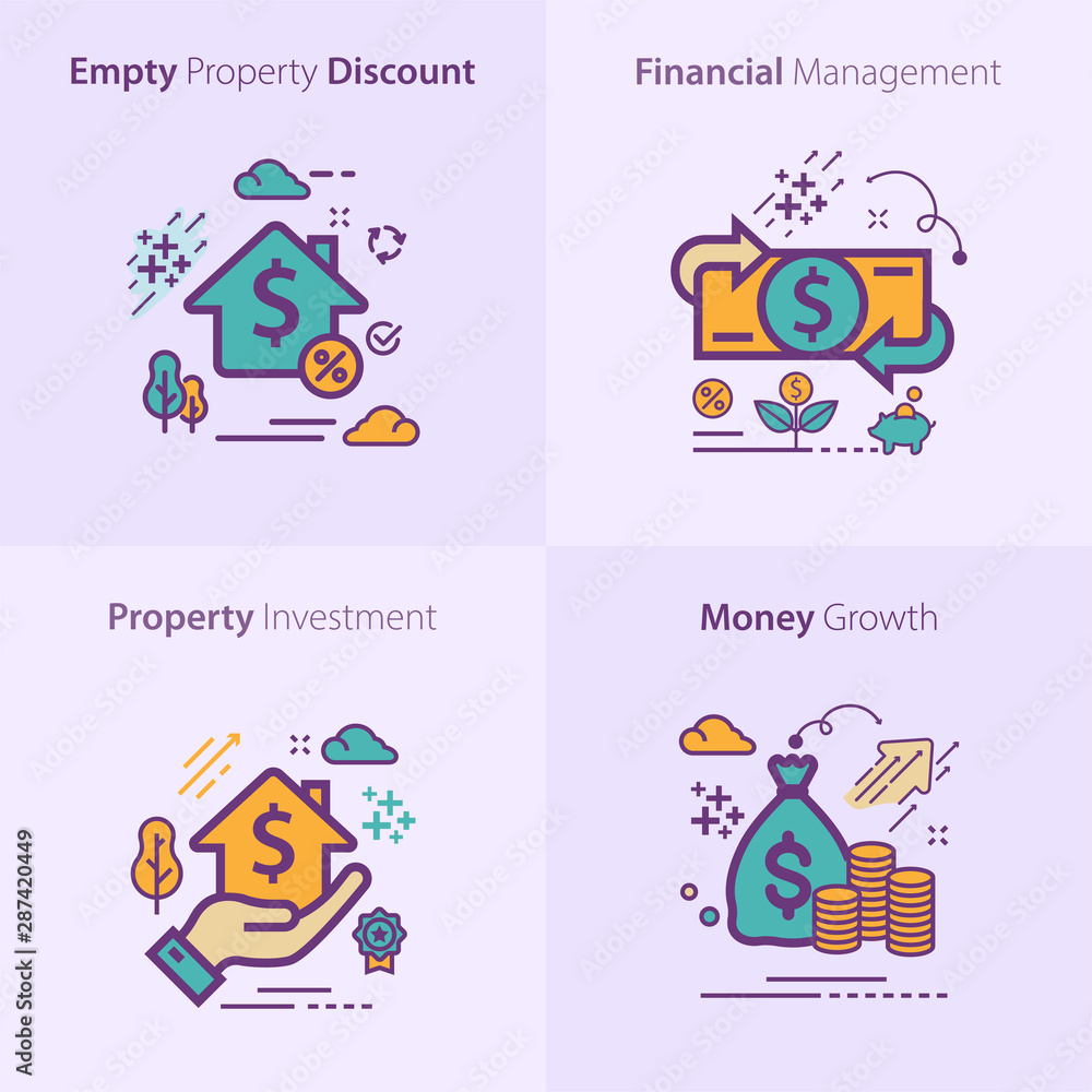 Business and Finance Flat Colorful Icon Set / Empty property discount / Financial management / Property Investment / Money growth
