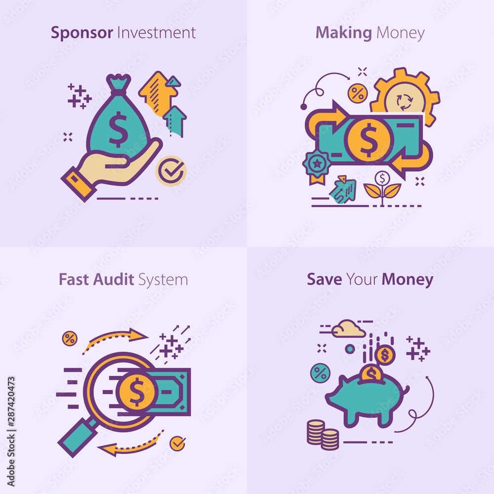 Sponsor investment concept icon / Making money concept icon / Fast audit system concept icon / Save your money concept icon Sponsor investment concept icon / Making money concept icon / Fast audit system concept icon / Save your money concept icon