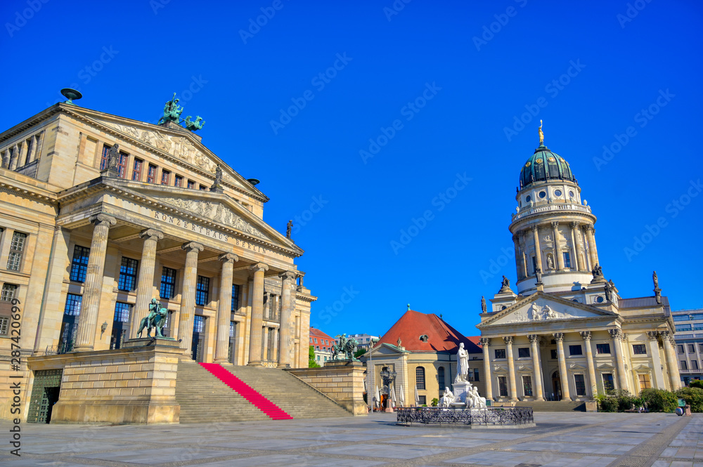 The Gendarmenmarkt square in Berlin, Germany which houses the Berlin Concert Hall (Konzerthaus) and the French and German Churches.