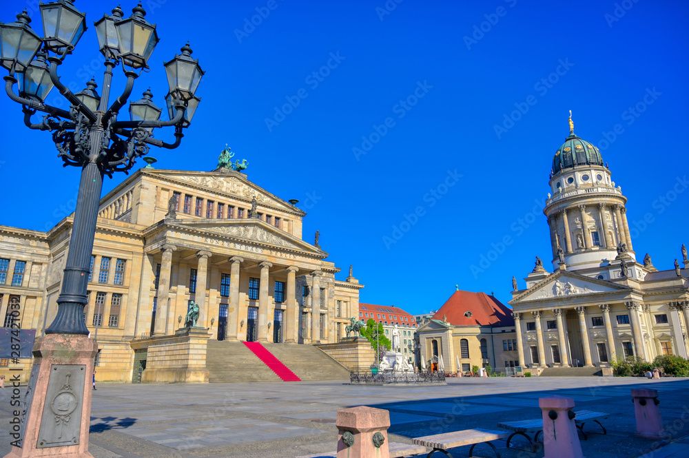 The Gendarmenmarkt square in Berlin, Germany which houses the Berlin Concert Hall (Konzerthaus) and the French and German Churches.
