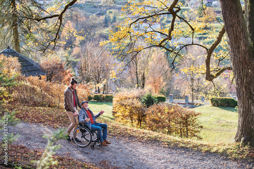 Senior father with wheelchair and his son on walk in nature. photo