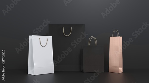 Shopping bags on dark black background - mock up, branding. Stylish illustration for advertising brands, firms, goods - 3D render. Gift paper bags for the holidays - Christmas, Black Friday.